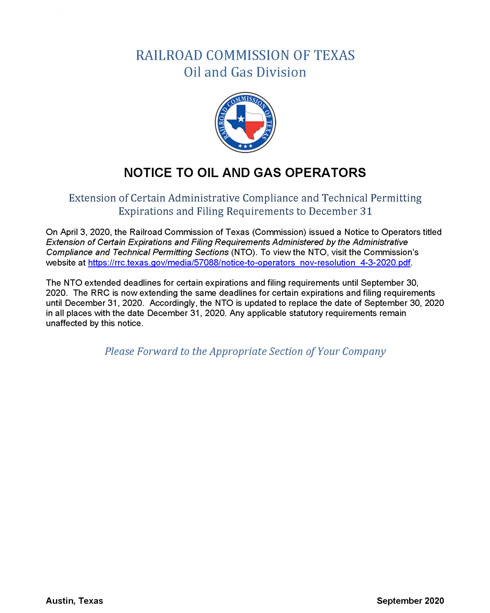 Railroad Commission of Texas Extends Certain Expirations and Filing